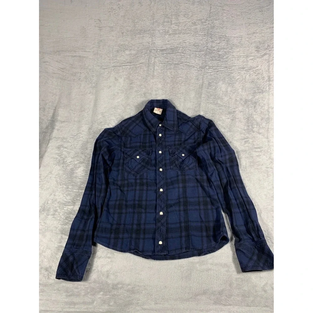 True Religion Mens S Western Pearl Snap Plaid Navy Blue Black Long Sleeve Shirt